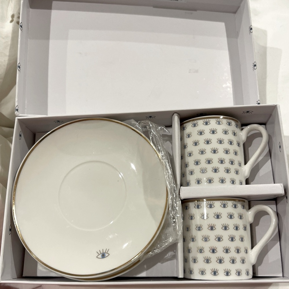 Evil Eye Espresso Cups and Saucers NEW IN BOX LCW HOME Porcelain Turkish Coffee